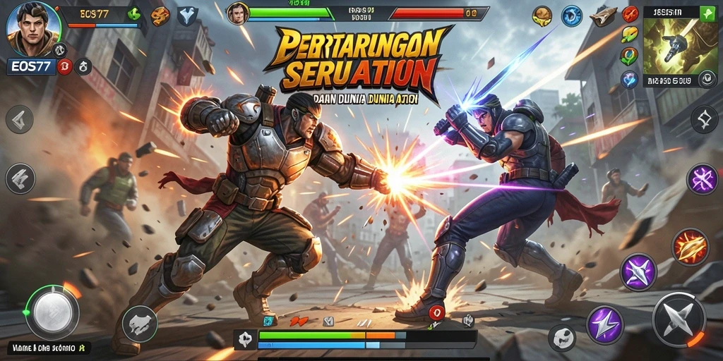 Tampilan gameplay seru dari EOS77 dengan aksi pertarungan yang mendebarkan.