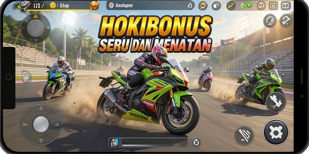 Screenshot gameplay HOKIBONUS dengan balapan motor yang intens.