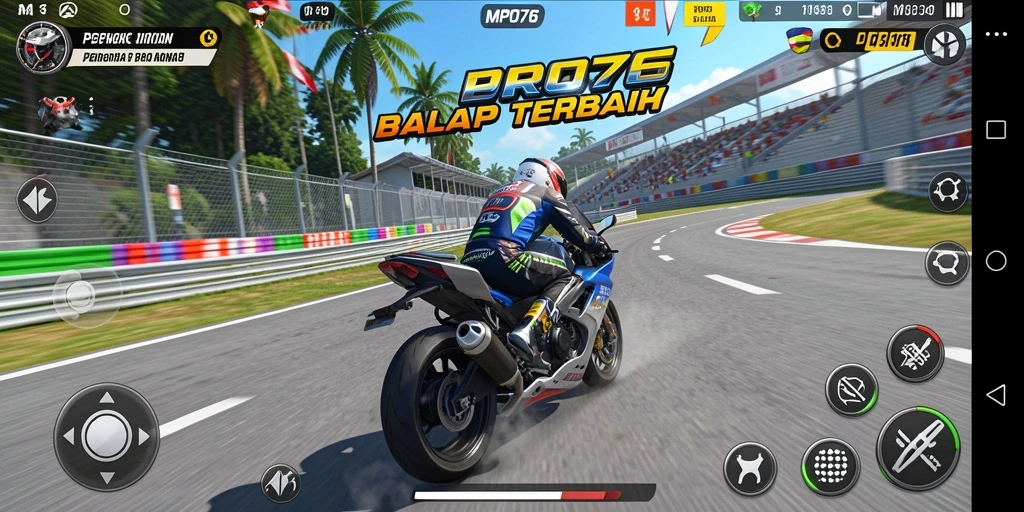 Screenshot MPO76 menampilkan aksi balap motor yang mendebarkan.